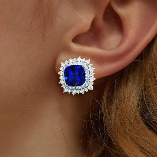 10CTW Halo Cushion Cut Sapphire Stud Earrings