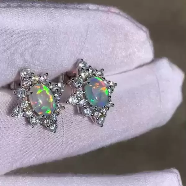 Vintage Halo Oval Cut White Opal Stud Earrings