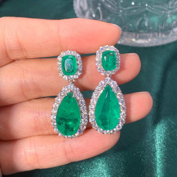 20ctw Halo Pear Cut Emerald Drop Earrings