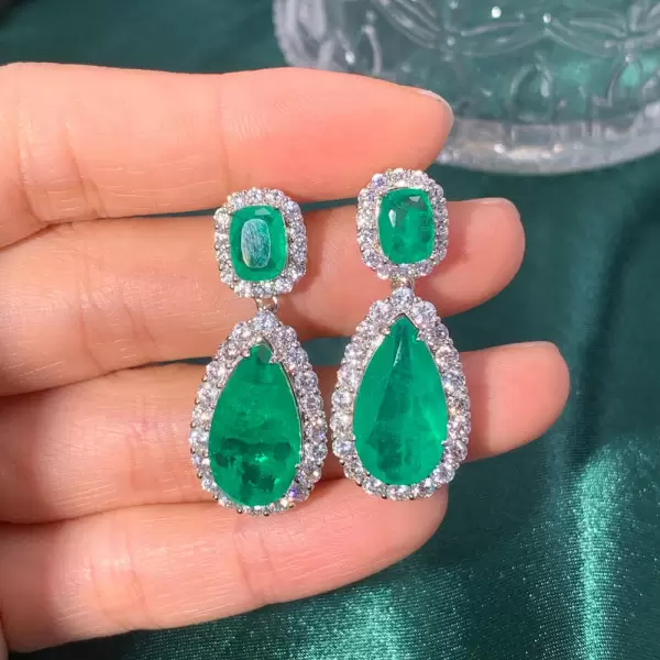 20ctw Halo Pear Cut Emerald Drop Earrings