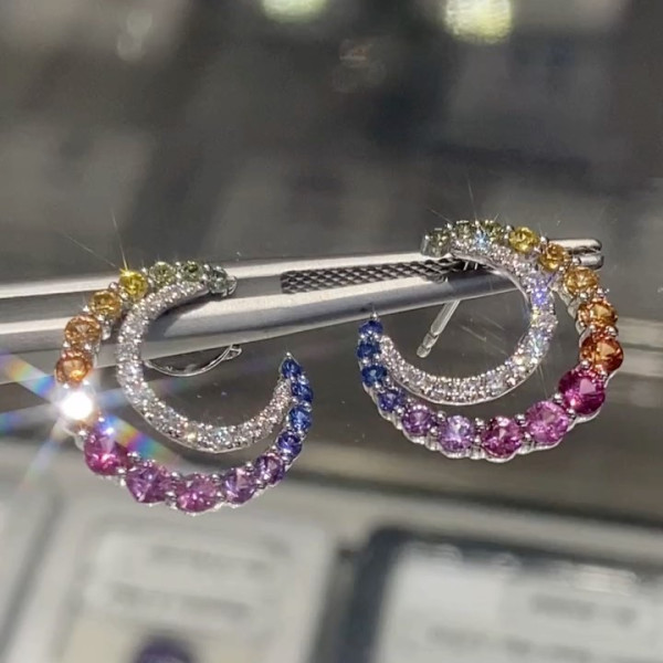 Rainbow Sapphire Crescent Moon Statement Earrings