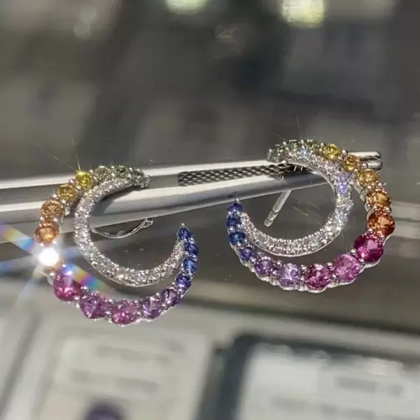 Rainbow Sapphire Crescent Moon Statement Earrings