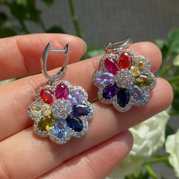 Rainbow Sapphire Flower Drop Earrings
