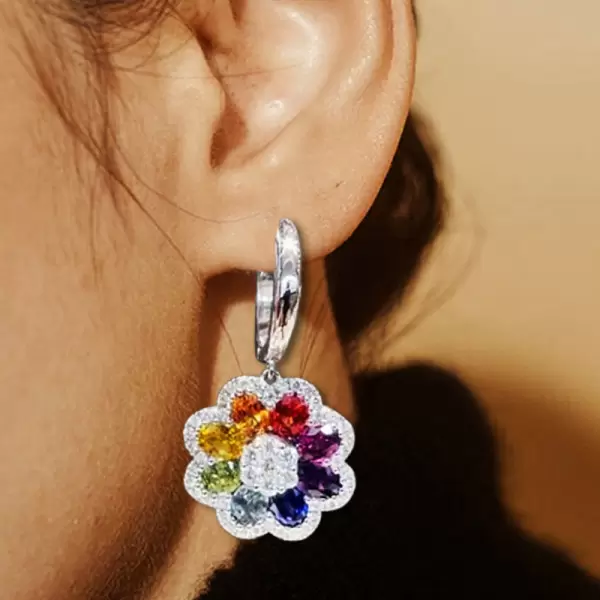 Rainbow Sapphire Flower Drop Earrings