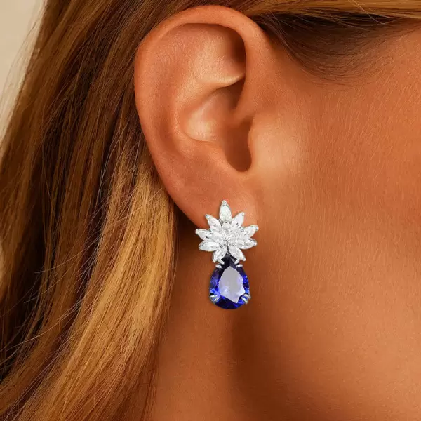 Vintage Pear Cut Sapphire Cluster Flower Drop Earrings