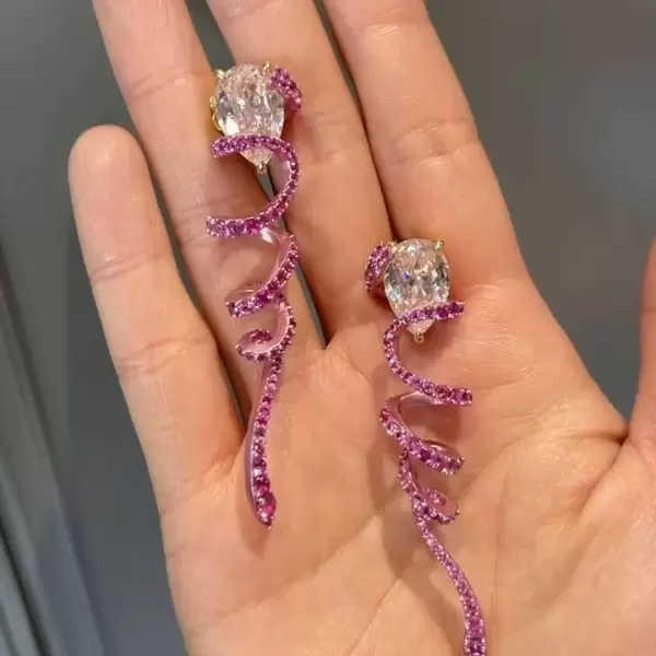 Pear Cut Light Pink Sapphire Fuchsia Ribbon Twirl Earrings