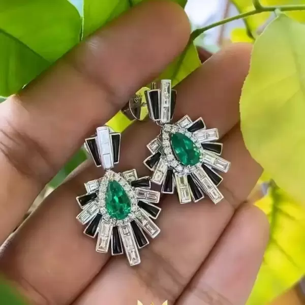 Art-Deco Pear Cut Emerald Enamel Drop Earrings