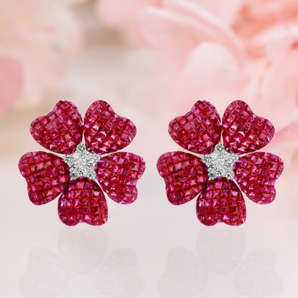 17ctw Ruby Flower Statement Stud Earrings