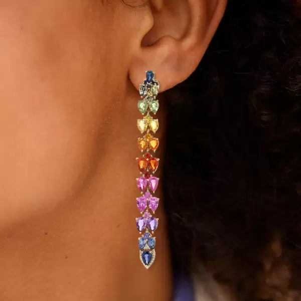 20ctw Pear Cut Rainbow Sapphire Long Earrings