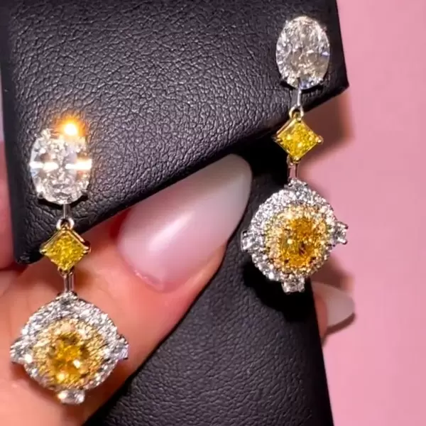 Double Halo Oval Cut Yellow Sapphire Drop Earrings