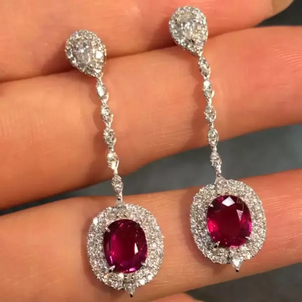 Vintage Halo Oval Cut Ruby Drop Earrings