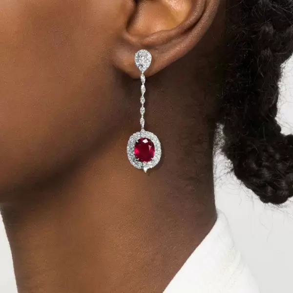 Vintage Halo Oval Cut Ruby Drop Earrings