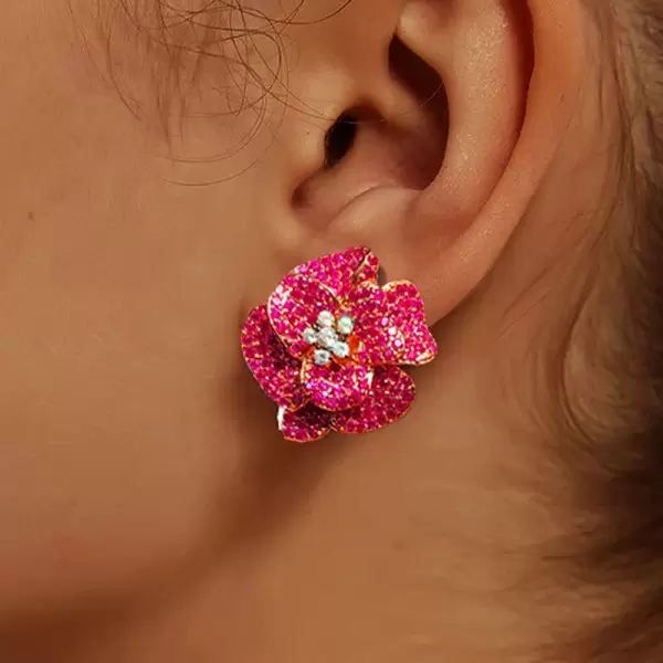 10ctw Fuchsia Sapphire Paved Bloom Flower Earrings
