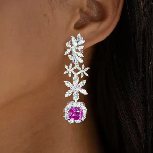 12ctw Cushion Cut Fuchsia Sapphire Statement Flower Earrings