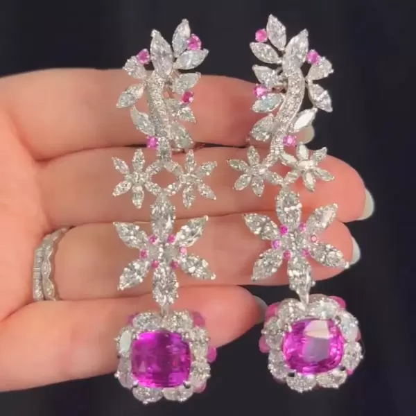 12ctw Cushion Cut Fuchsia Sapphire Statement Flower Earrings