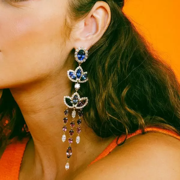 18ctw Multicolor Lotus Long Chandelier Earrings