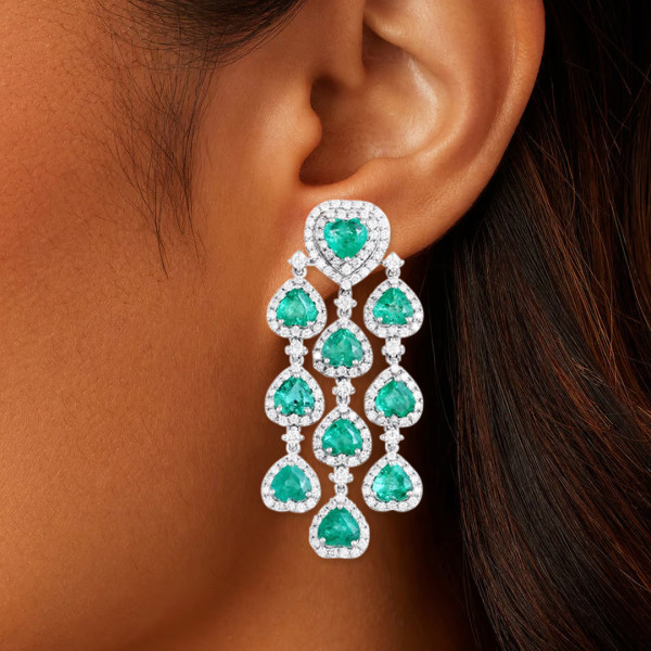 17ctw Heart Cut Emerald Chandelier Statement Earrings