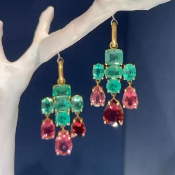 16ctw Emerald and Garnet Statement Chandelier Earrings