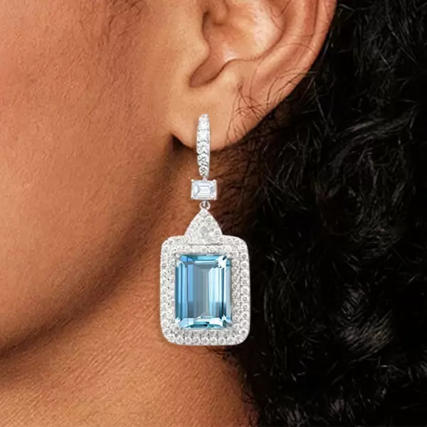 18ctw Emerald Cut Aquamarine Art-deco Drop Earrings
