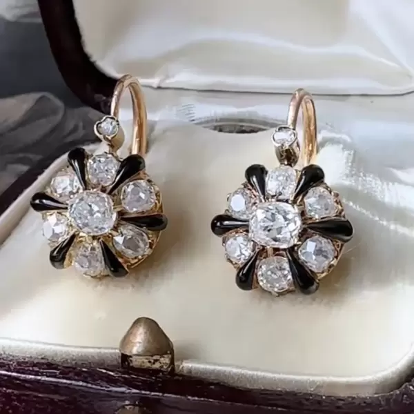 Cushion and Round Cut Vintage Enamel Blossom Earrings