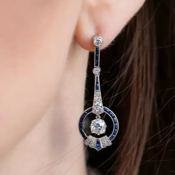 9ctw White and Blue Sapphire Art Deco Drop Earrings
