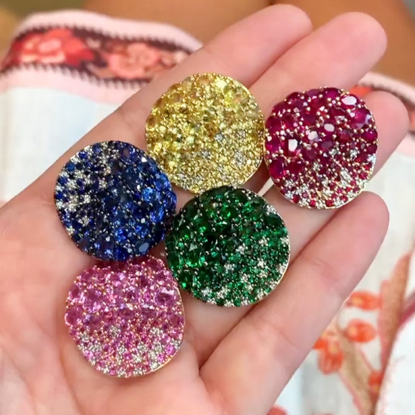 Multicolor Sapphire Paved Curved Disc Bold Stud Earrings