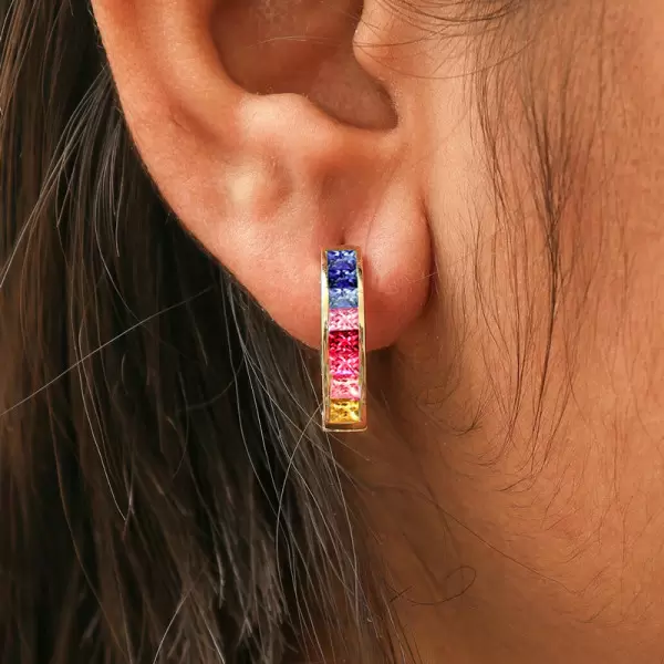 Princess Cut Rainbow Sapphire Huggie Earrings