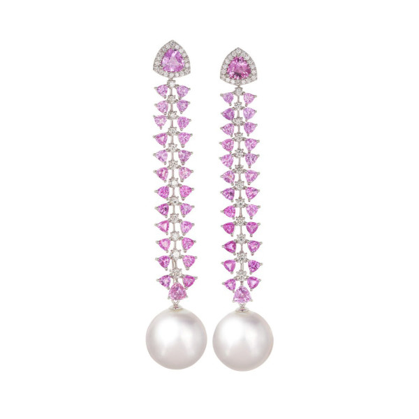 14MM Pearl Trilliant Pink Sapphire Statement Earrings