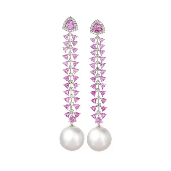 14MM Pearl Trilliant Pink Sapphire Statement Earrings