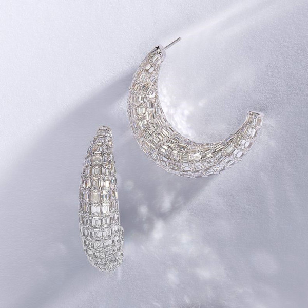 14ctw Allover Set Baguette Cut Crescent Hoop Earrings