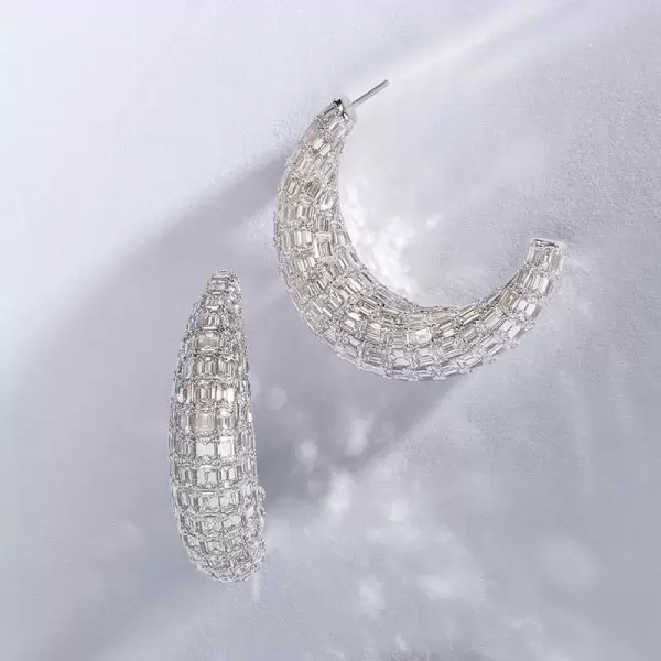 14ctw Allover Set Baguette Cut Crescent Hoop Earrings
