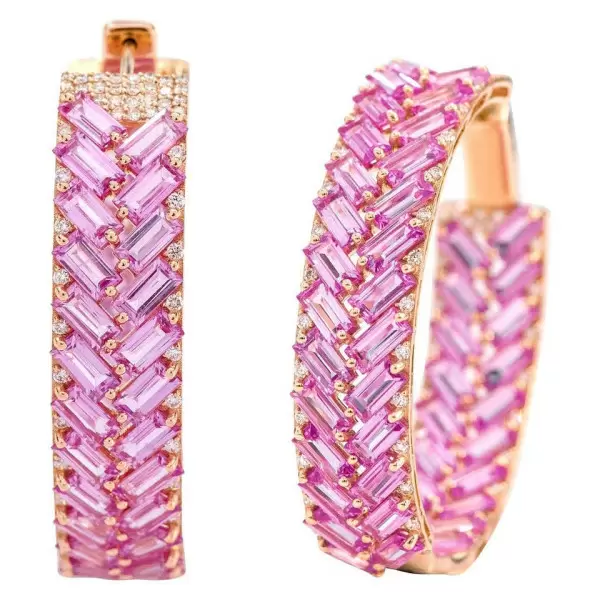 21ctw Baguette Cut Pink Sapphire Statement Hoop Earrings
