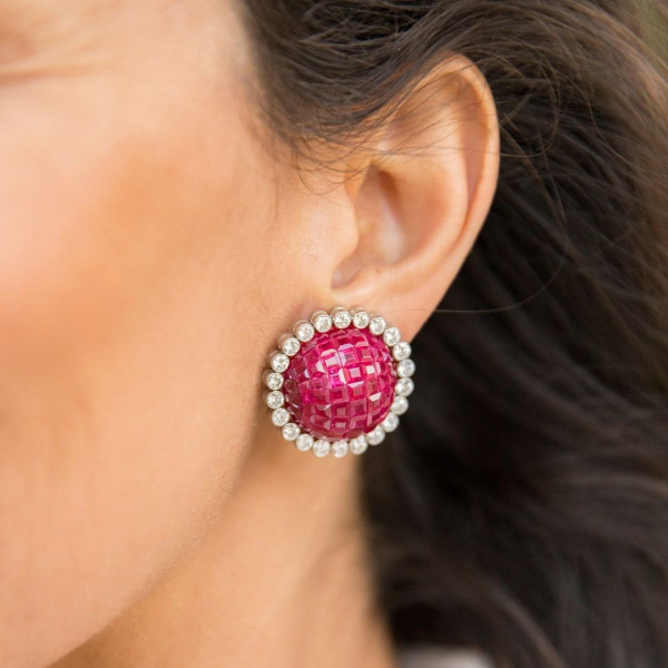 26ctw Invisibly-Set Ruby Halo Vintage Clip Earrings