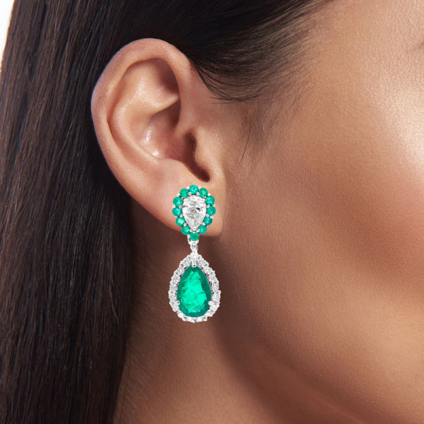 20ctw Pear Cut Emerald and White Sapphire Drop Earrings