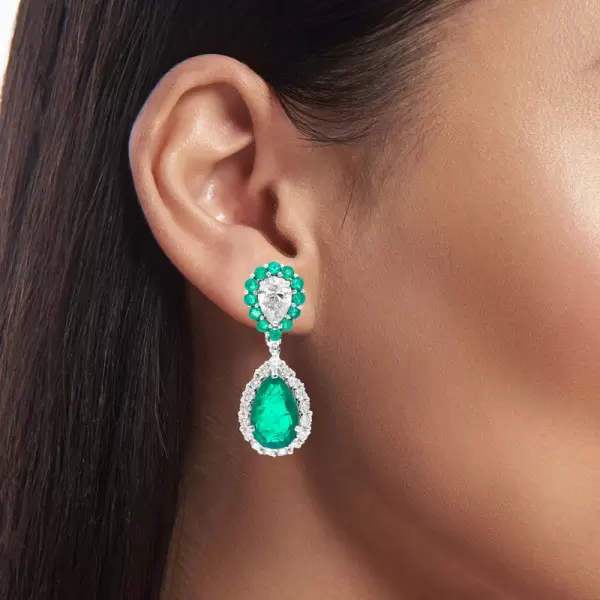 20ctw Pear Cut Emerald and White Sapphire Drop Earrings