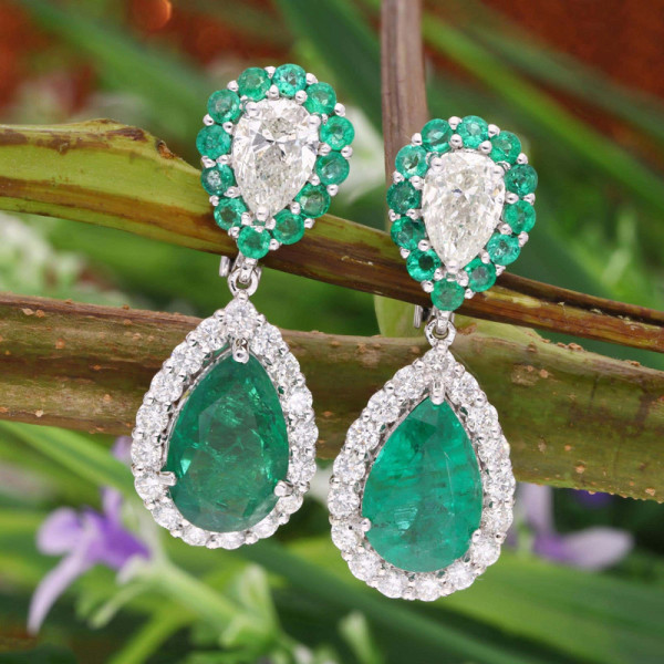 20ctw Pear Cut Emerald and White Sapphire Drop Earrings