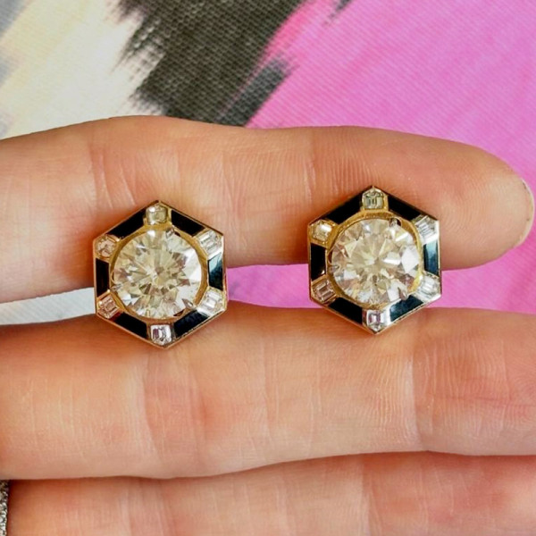 5.5ctw Round Cut Hexagon Enamel Vintage Stud Earrings