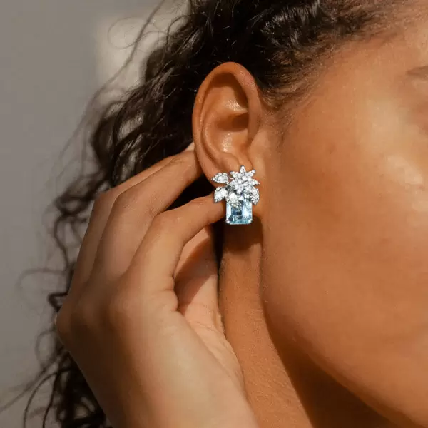 16ctw Emerald Cut Aquamarine Flower Cluster Stud Earrings