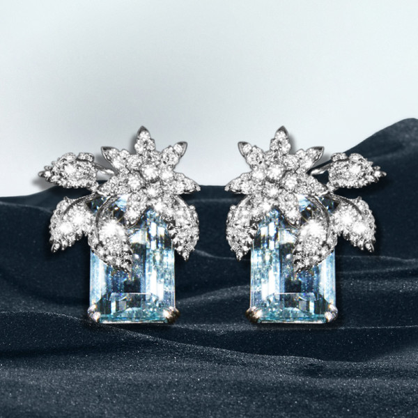 16ctw Emerald Cut Aquamarine Flower Cluster Stud Earrings