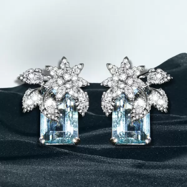 16ctw Emerald Cut Aquamarine Flower Cluster Stud Earrings