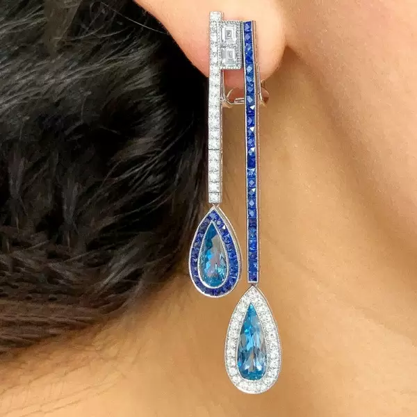 9.5ctw Multicolor Sapphire Art-deco Drop Earrings