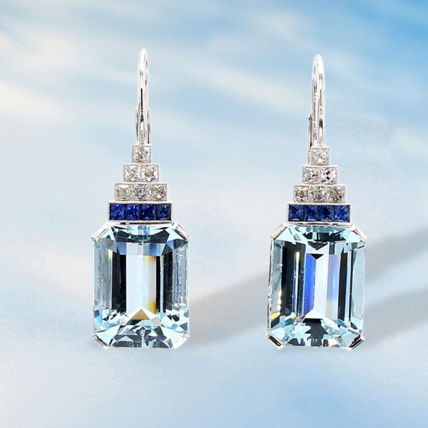 25ctw Emerald Cut Aquamarine Art-deco Drop Earrings