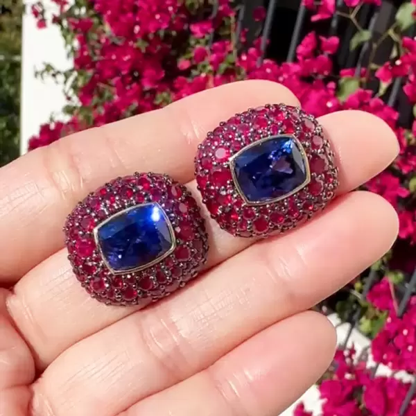10ctw Tanzanite Blue Sapphire and Ruby Paved Stud Earrings