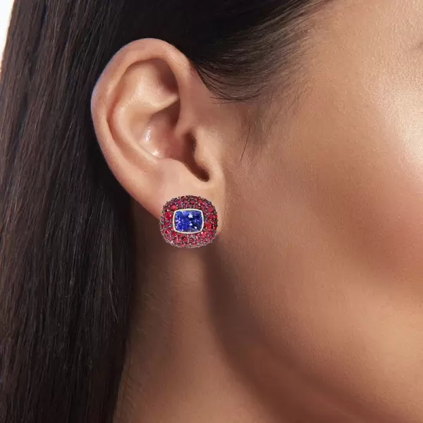 10ctw Tanzanite Blue Sapphire and Ruby Paved Stud Earrings