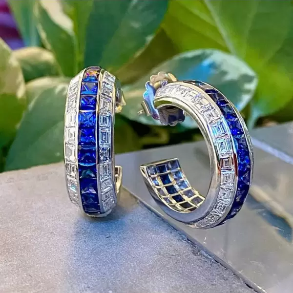 12ctw Blue and White Sapphire Art-deco Hoop Earrings