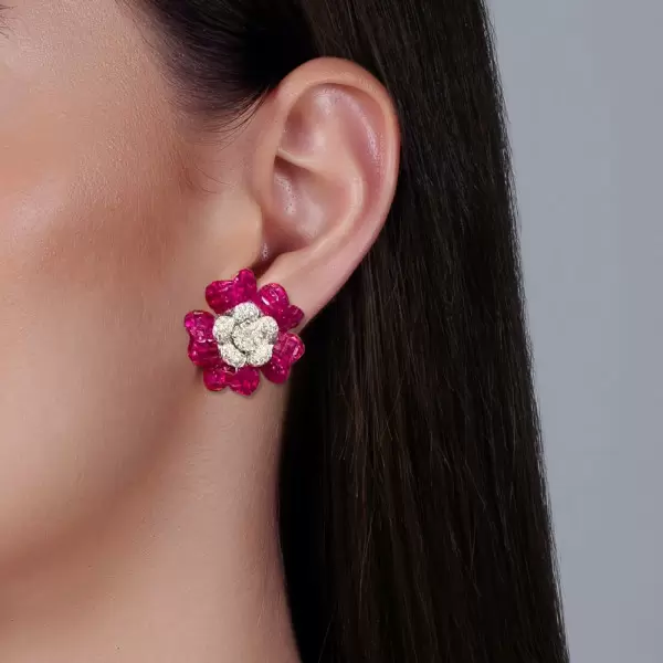 18ctw White Sapphire and Ruby Double Flower Earrings