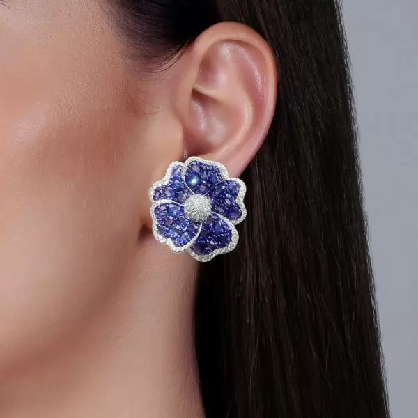 25ctw Blue and White Sapphire Blossom Statement Earrings