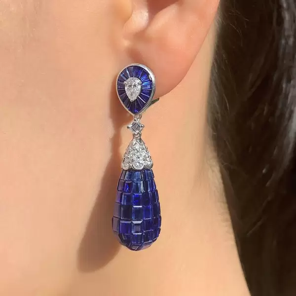 50ctw Invisible Set Blue Sapphire Art-deco Drop Earrings
