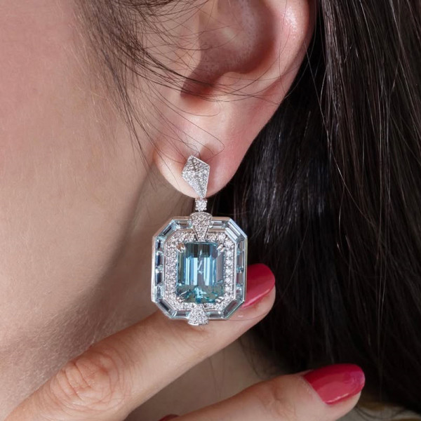 16ctw Emerald Cut Aquamarine Vintage Halo Drop Earrings