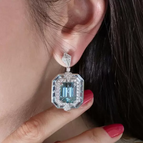 16ctw Emerald Cut Aquamarine Vintage Halo Drop Earrings